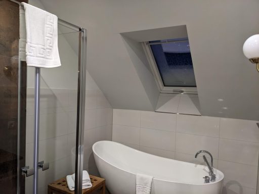 Modernes Badezimmer mit freistehender Badewanne und Dachfenster.
