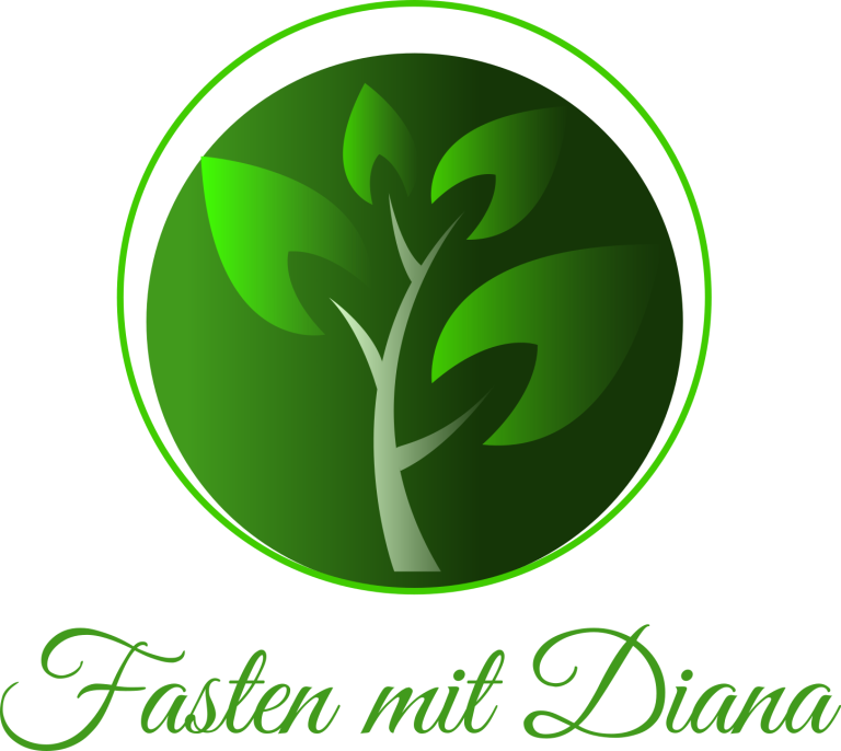 fasten-mit-diana/impressum Logo mit grünem Blatt und Schriftzug „Fasten mit Diana“.
