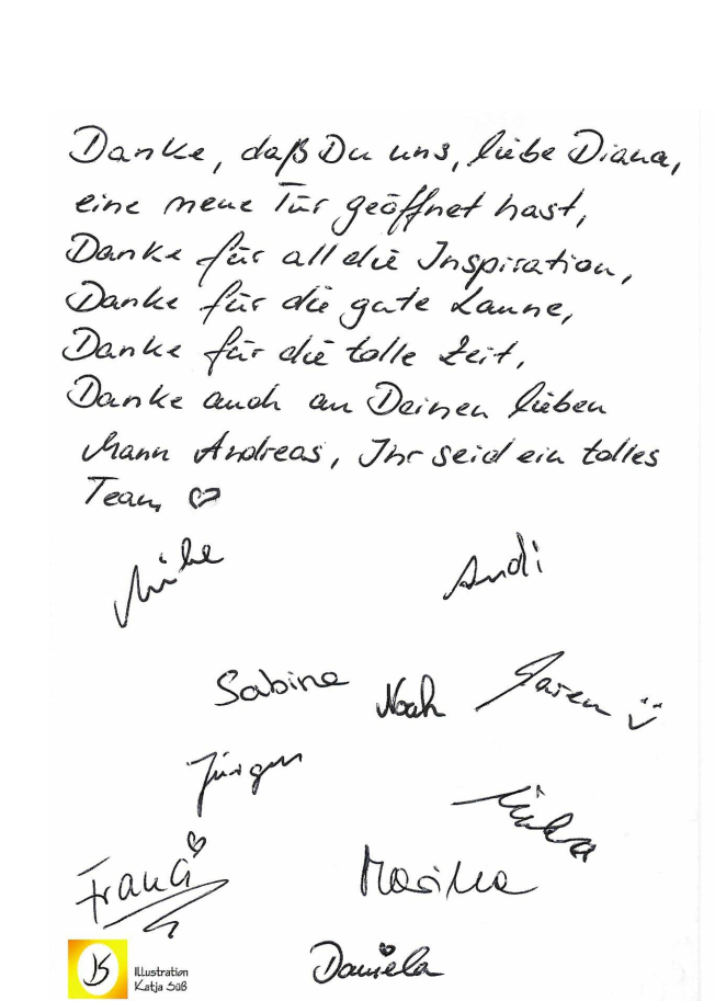 Handgeschriebener Brief mit Dankesworten und Unterschriften von mehreren Personen.